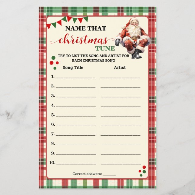 Name that Christmas Tune Plaid Game Card (Front)