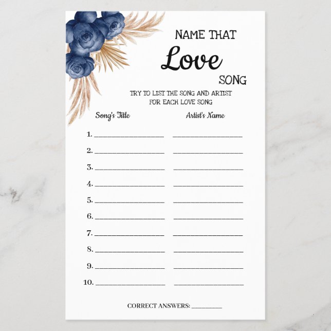 Name that Love Song Blue Flowers Shower Game Card (Front)