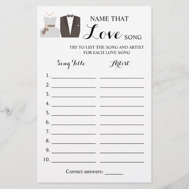 Name that Love Song Bride & Groom Game Card (Front)