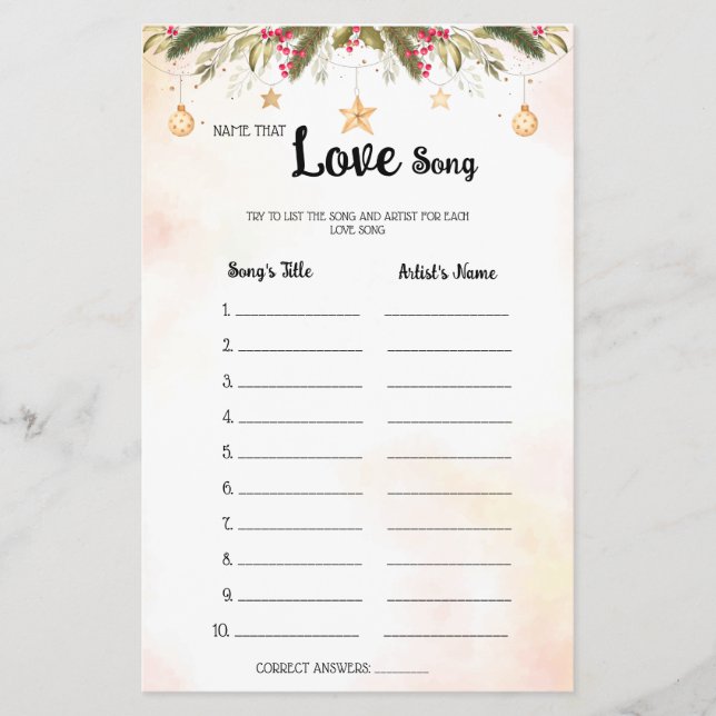 Name that Love Song Christmas Bridal Shower Game Flyer (Front)