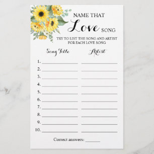 Name that Love Song Greenery Sunflower Game Card