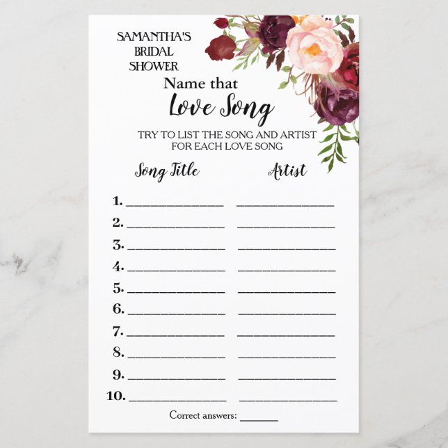 Name that Love Song Marsala Bridal Shower Game (Front)