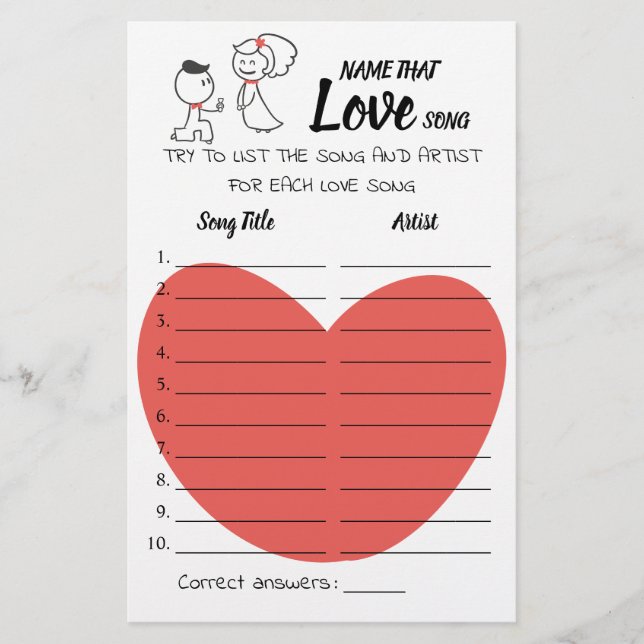Name that Love Song Wedding Couple Game Card (Front)