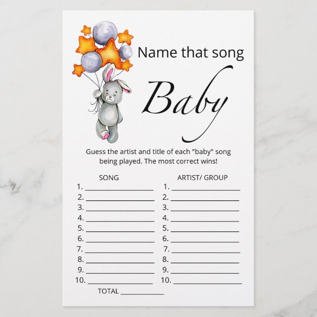 Name that song baby bunny baby shower game (Front)