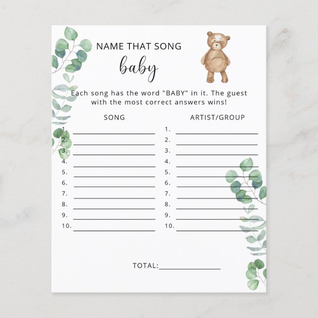 Name that song Bear baby shower game (Front)