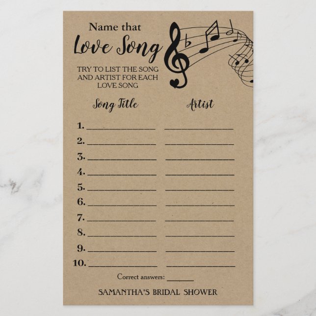 Name that song bridal shower english spanish game (Front)