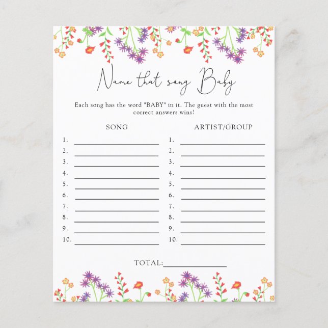Name that song \ Wildflowers baby shower game (Front)
