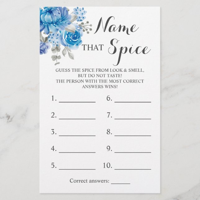 Name that Spice Blue Flower Game Card (Front)
