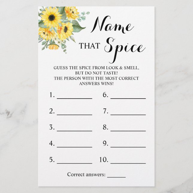 Name that Spice Greenery Sunflower Game Card (Front)