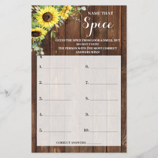 Name that Spice Sunflowers Bridal Shower Game Card