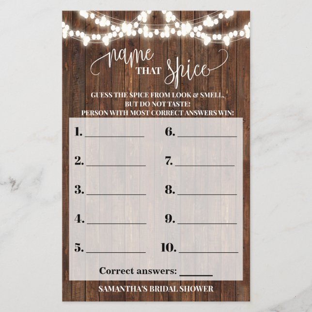 Name that Spice Western Bridal Shower Game Card (Front)