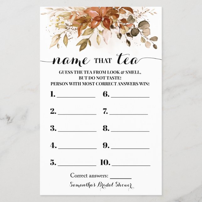 Name that Tea Autumn Eucalyptus Shower Game Card (Front)