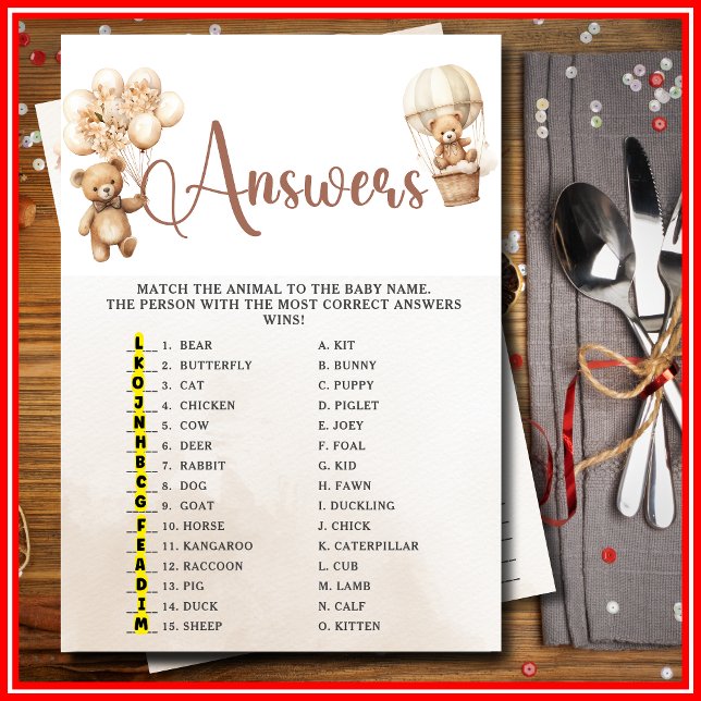 NAME THE BABY ANIMALS Baby Shower Game Cute Bear Invitation (Creator Uploaded)