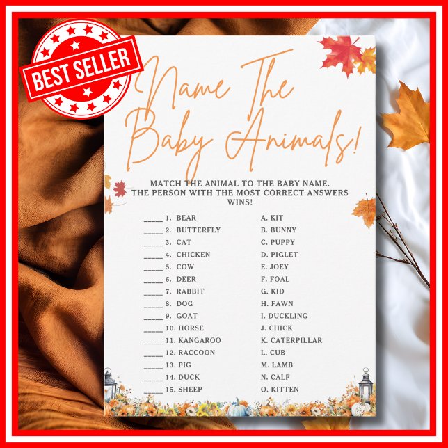NAME THE BABY ANIMALS Baby Shower Game Cute Bear Invitation (NAME THE BABY ANIMALS Easy Baby Shower Game A Little Pumpkin is on the Way Fall Autumn Theme)