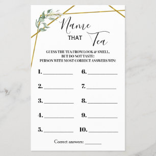 Name the Tea Greenery Gold Bridal Shower Game Card