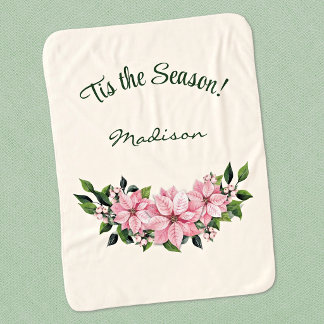 Name, Tis the Season Pink Poinsettia Swag Sherpa Blanket