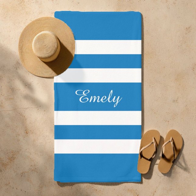 Name Trendy French Blue And White Stripes Pattern Beach Towel (Modern Name French Blue Striped Pool Beach Towel)