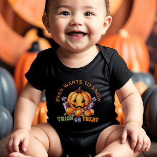Name Trick or Treat Fun Pumpkin Halloween Candy Baby Bodysuit