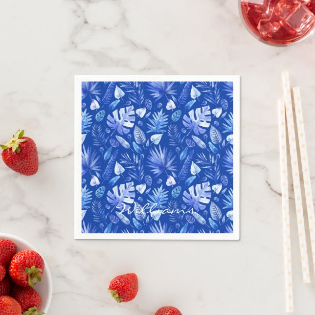 Name Tropical Leaves Cobalt Blue Standard Cocktail Napkin (Insitu)