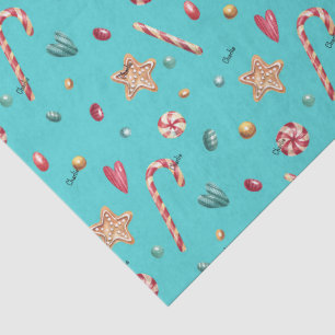 Name, Turquoise Candy Cookies Christmas 3 pcs Tissue Paper