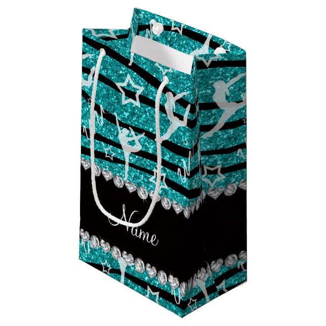 Name turquoise gymnastics glitter zebra stripes small gift bag (Front Angled)