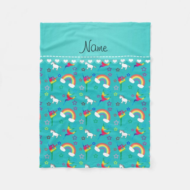 Name turquoise gymnastics rainbows unicorns fleece blanket (Front)
