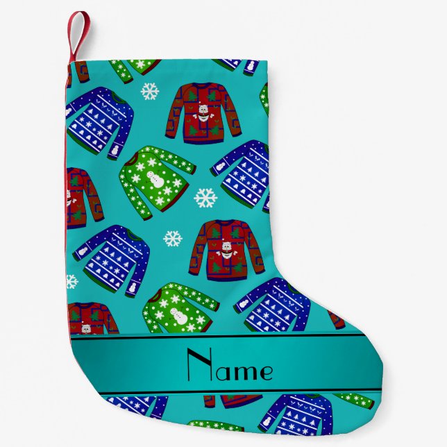 Name turquoise ugly christmas sweater pattern small christmas stocking (Front)