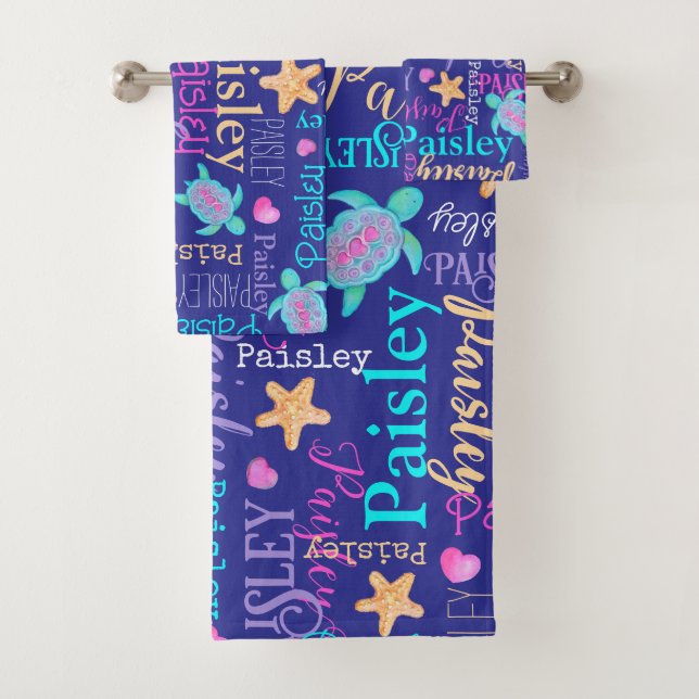 Name turtle seastar pattern pink blue aqua coral  bath towel set (Insitu)