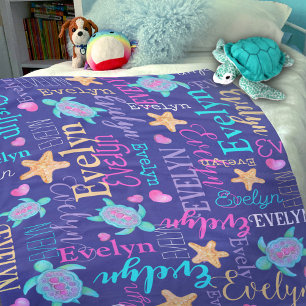 Name turtle seastar pattern pink blue aqua coral  fleece blanket