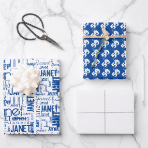 Name Typography White Blue Word Cloud 50th Wrapping Paper Sheet