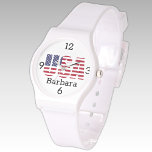 Name, USA Stars & Stripes White Silicone Strap Watch<br><div class="desc">Best price! USA flag stencil design on this trendy watch with a sporty white silicon buckle strap and personalised name. Easily change name,  replace with initials or remove using the Template provided. A clear and black strap watch are also available. The print on these watches is excellent.</div>