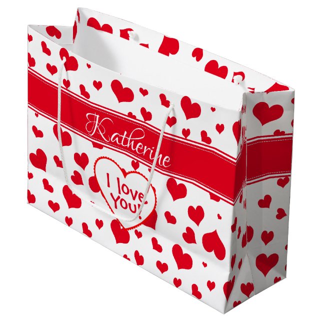 'Name'  Valentine's Day Red Random Hearts Pattern Large Gift Bag (Front Angled)