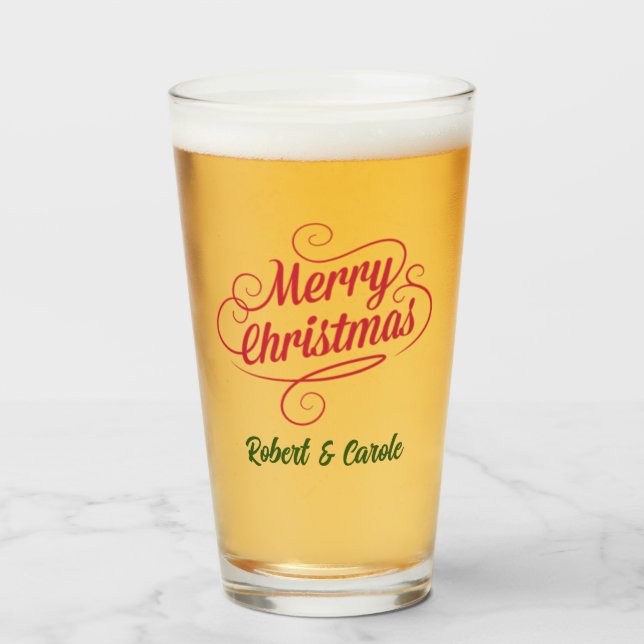 Name, Vintage Design Merry Christmas, 16oz. Pint Glass (Front Filled)