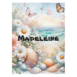 Name Watercolor Flowers and sea, seashells, beach  Tablecloth