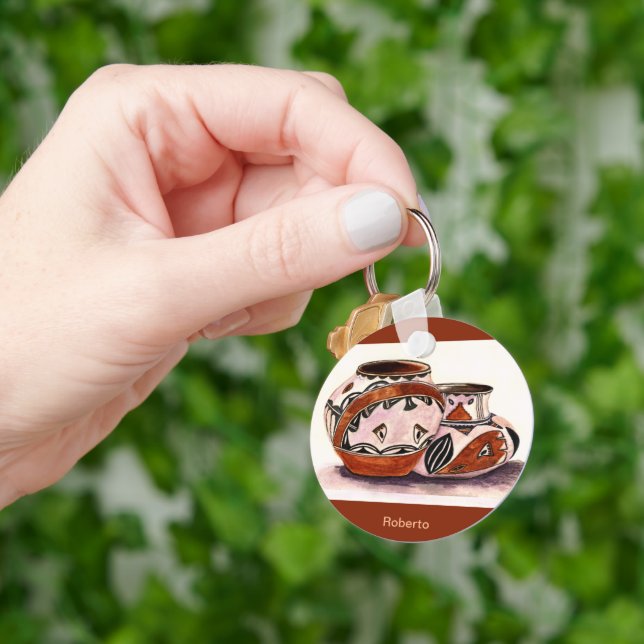 Name Watercolor-Look Native American Pottery Art  Key Ring (Hand)