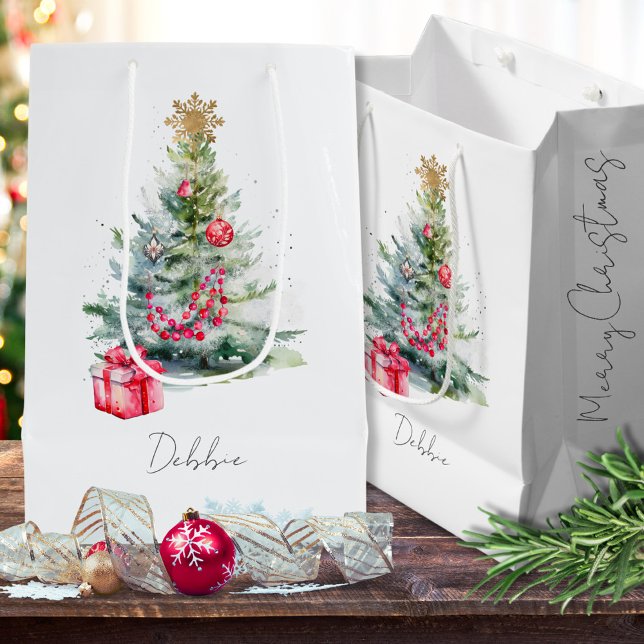 Name Watercolor Modern Elegant Christmas Tree Medium Gift Bag (Creator Uploaded)
