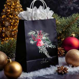 Name Watercolor Modern Script Merry Christmas Medium Gift Bag
