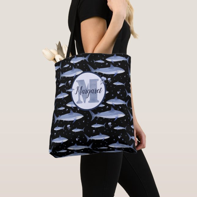 Name + Watercolor Monogram Shark Jellyfish | Black Tote Bag (Close Up)
