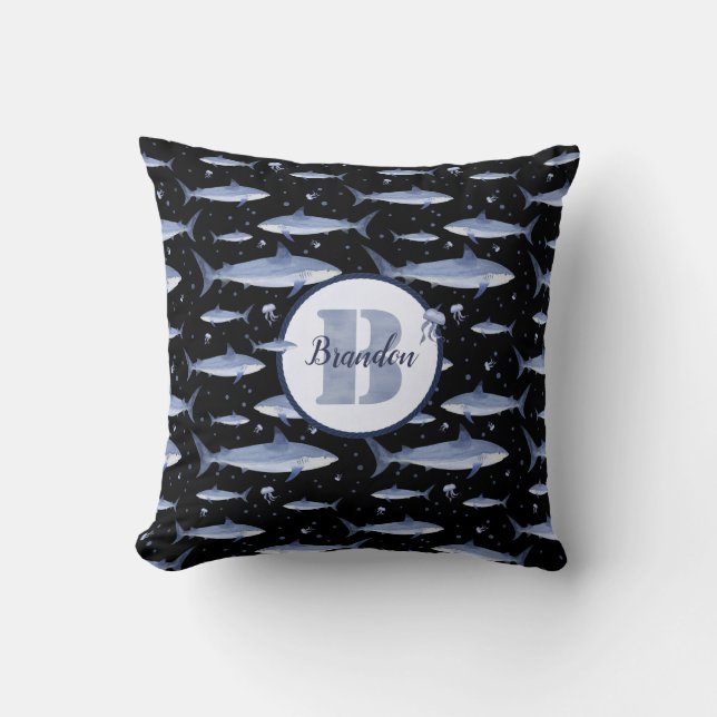 Name + Watercolor Monogram Shark Jellyfish Pattern Cushion (Front)