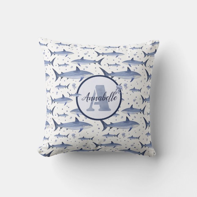 Name + Watercolor Monogram Shark Jellyfish | White Cushion (Front)