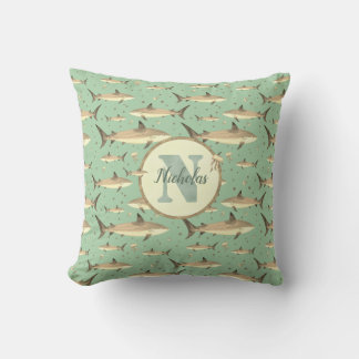 Name + Watercolor Monogram Shark Pattern | Green Cushion