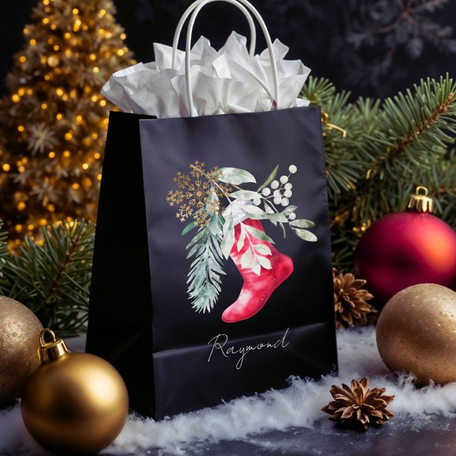 Name Watercolor Script Elegant Stocking Christmas Medium Gift Bag (Creator Uploaded)