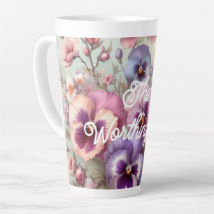 Name Watercolor Vintage Pansies Flowers Pastels  Latte Mug