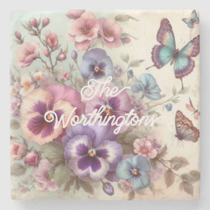 Name Watercolor Vintage Pansies Flowers Pastels Stone Coaster