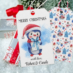 Name, Whimsical Merry Christmas Penguin Gift Tags