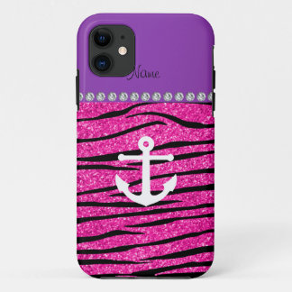 Name white anchor hot pink glitter zebra stripes iPhone 11 case
