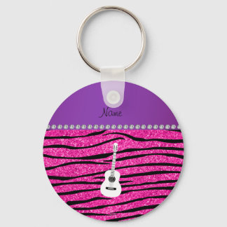 Name white guitar hot pink glitter zebra stripes key ring