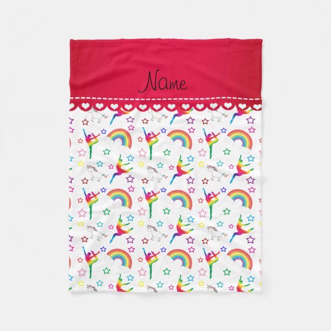Name white gymnastics rainbows unicorns fleece blanket (Front)