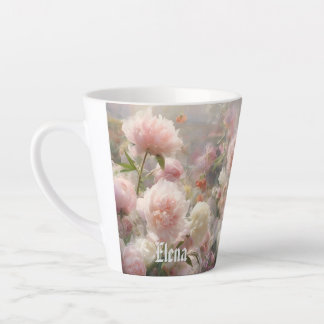 Name White & Pink Peonies Watercolor Painting Latte Mug