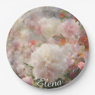Name White & Pink Peonies Watercolor Painting Paper Plate